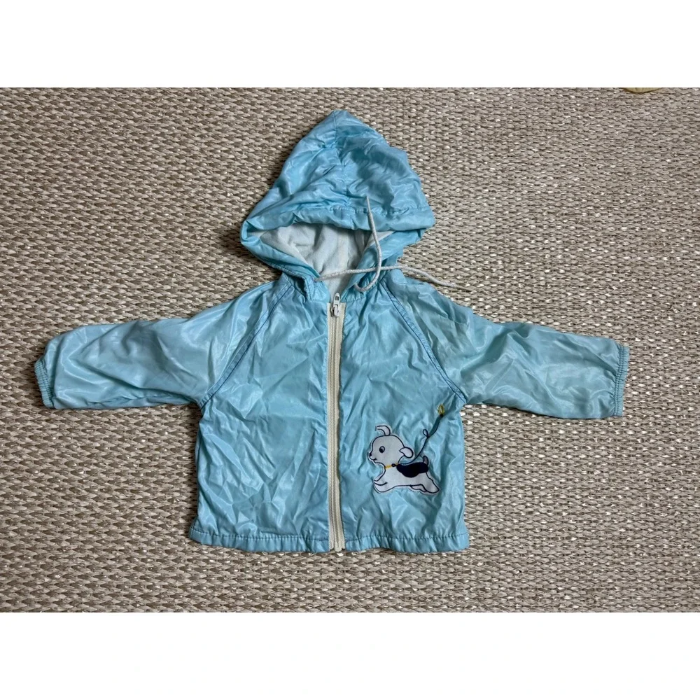 Vintage Wonderalls Light Blue Puppy Dog Hooded Windbreaker Jacket 80's 18 months